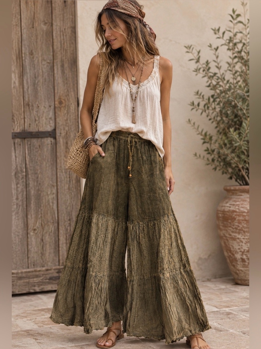 Young Threads NWT Olive/Brown Earthy Boho Wide Leg Pants Large